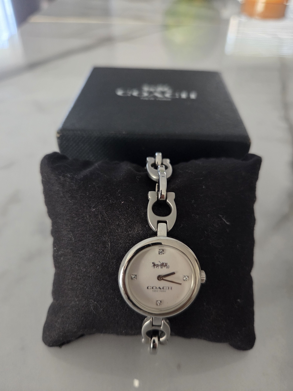 COACH Silver-Tone Women's Link Bracelet Watch with Crystal Markers